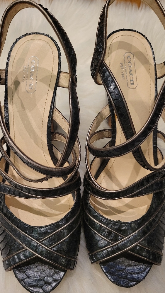 Coach Black Textured Leather Platform Sandals